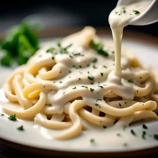 Veganer Alfredo-Sauce aus Mandelmilch, cremig, milchfrei, mit aromatischen Kräutern, ideal für Pasta oder Reisgerichte.